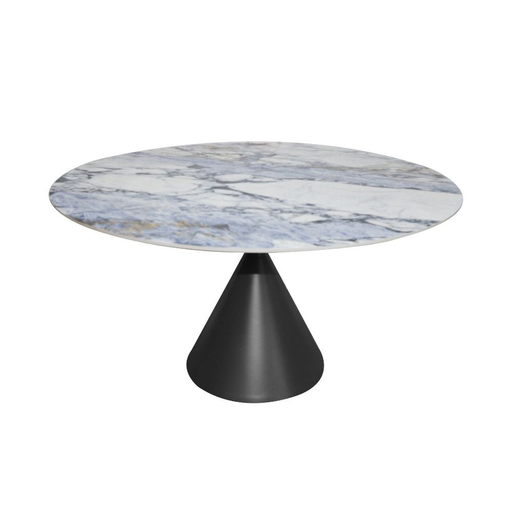 Tavolo fisso Punto con piano effetto marmo con dettagli blu lucido D150xH76 cm.