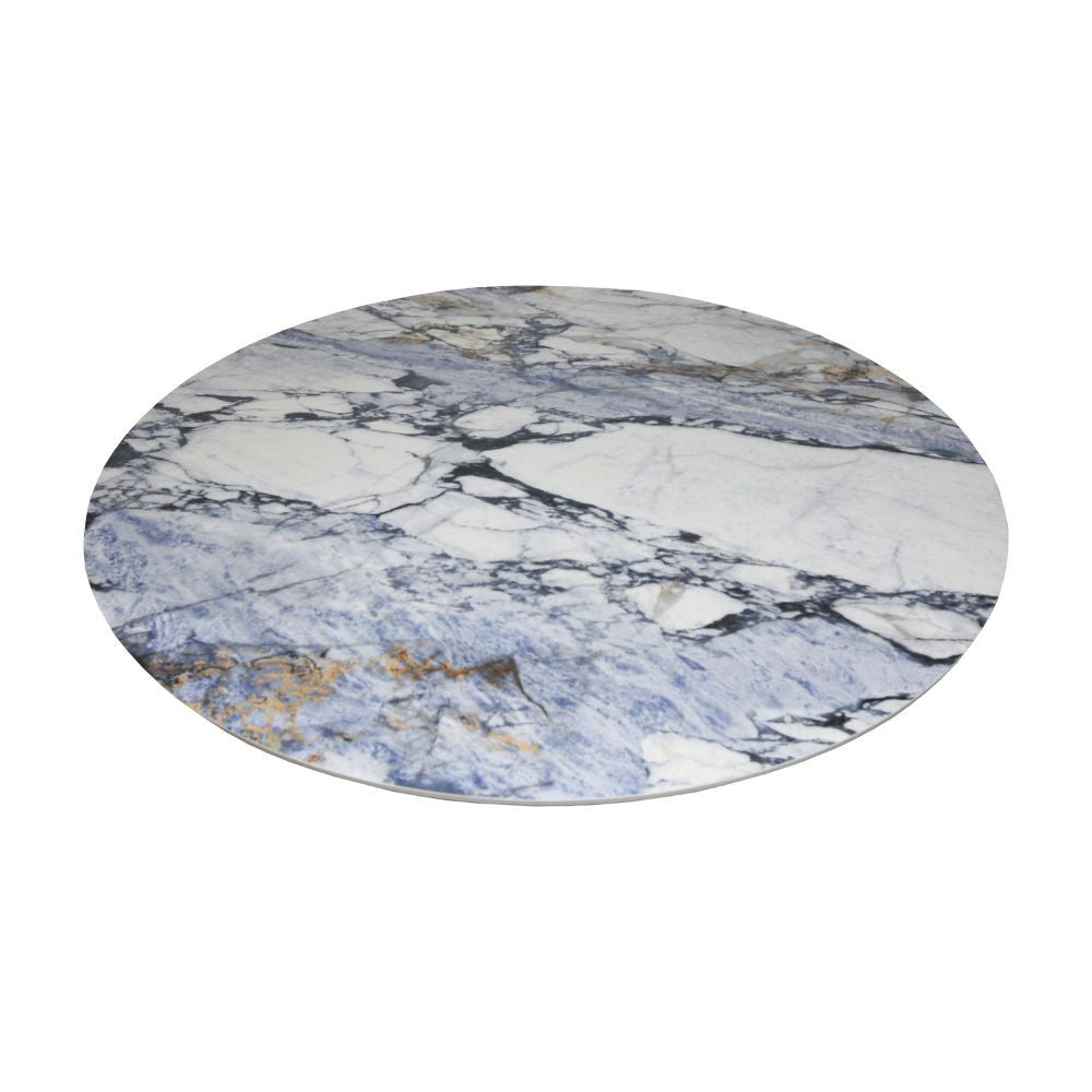Tavolo fisso Punto con piano effetto marmo con dettagli blu lucido D150xH76 cm.