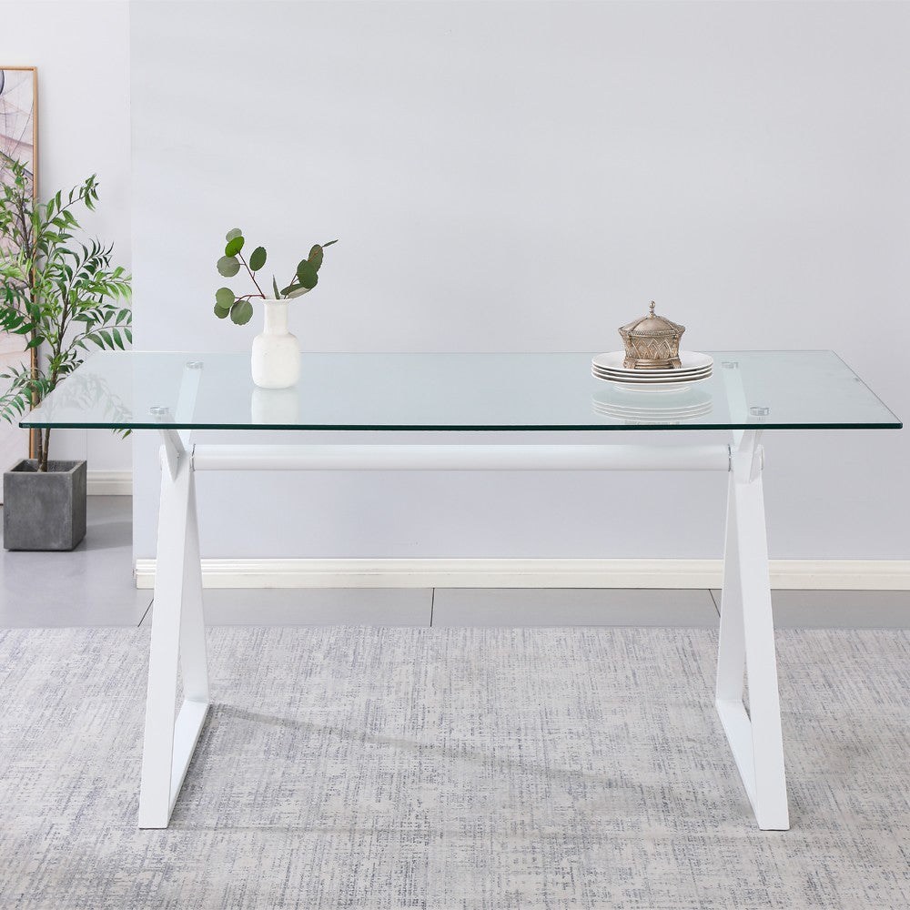 Tavolo fisso Skylar 180x90 cm. con piano in vetro temperato e gambe bianche