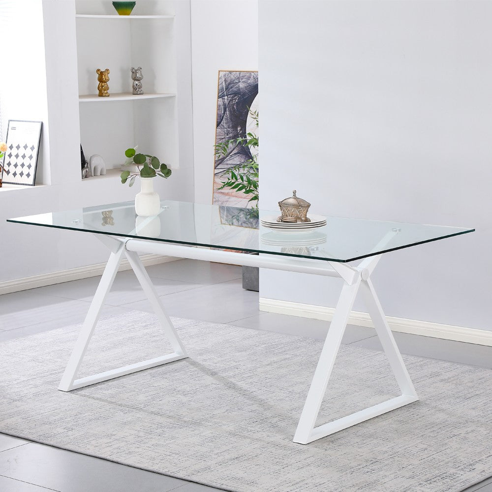 Tavolo fisso Skylar 180x90 cm. con piano in vetro temperato e gambe bianche