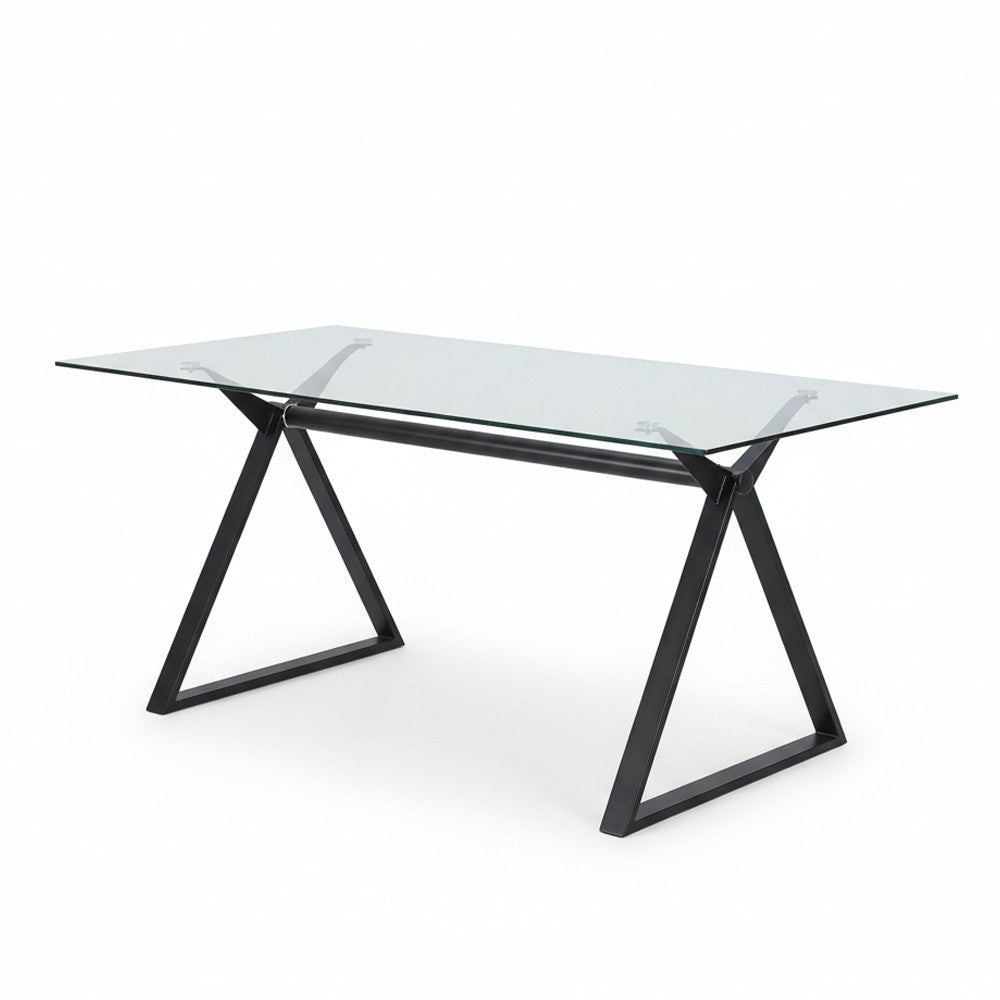 Tavolo fisso Skylar 180x90 cm. con piano in vetro temperato e gambe nere
