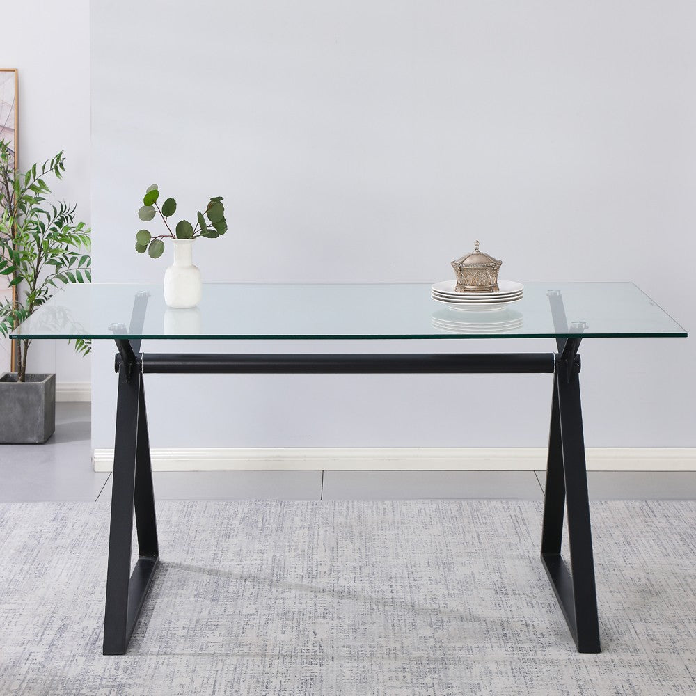 Tavolo fisso Skylar 180x90 cm. con piano in vetro temperato e gambe nere