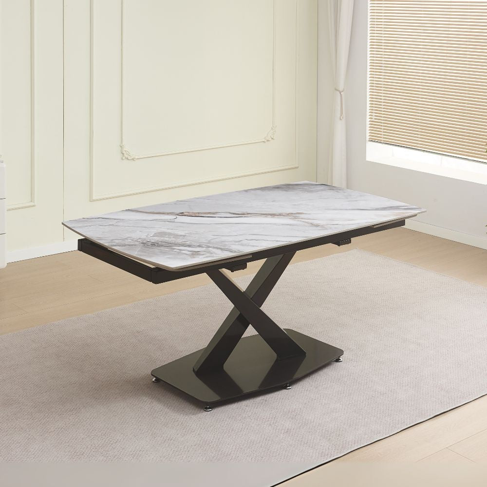 Tavolo Moritz con piano in ceramica effetto marmo bianco M325 lucido e gambe in metallo titanio lucido