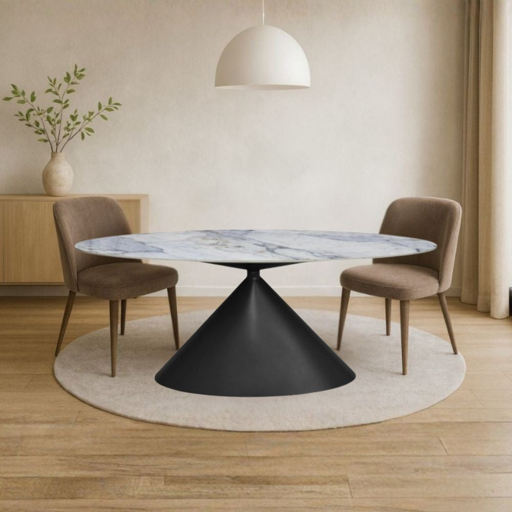 Tavolo ovale fisso Punto con piano effetto marmo con dettagli blu lucido 200x80xH76 cm.