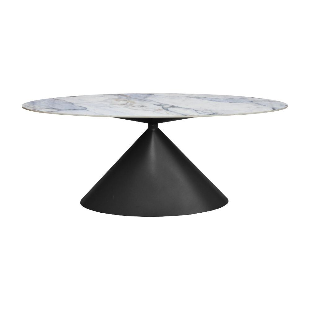 Tavolo ovale fisso Punto con piano effetto marmo con dettagli blu lucido 200x80xH76 cm.
