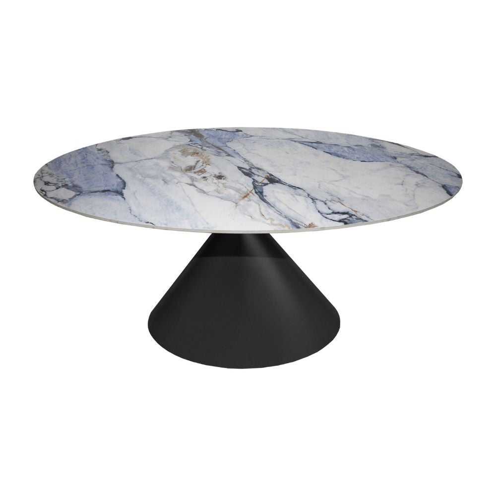 Tavolo ovale fisso Punto con piano effetto marmo con dettagli blu lucido 200x80xH76 cm.