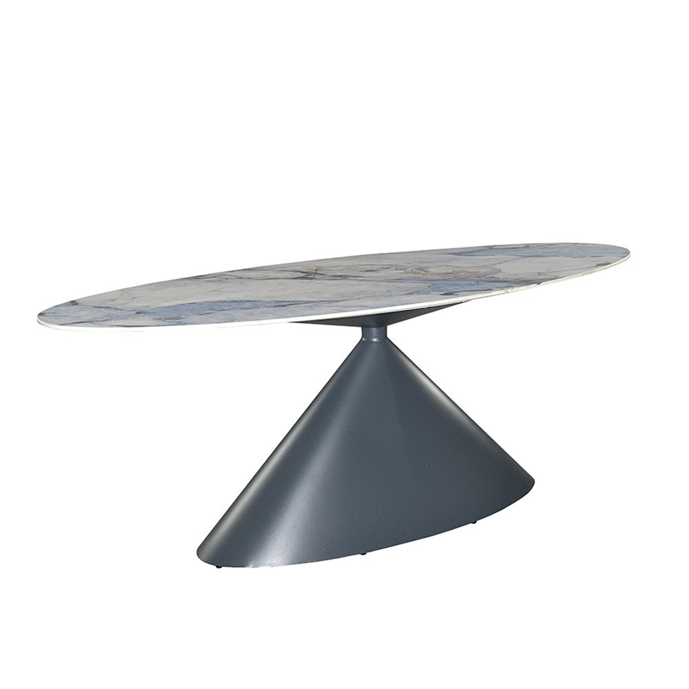 Tavolo ovale fisso Punto con piano effetto marmo con dettagli blu lucido 200x80xH76 cm.