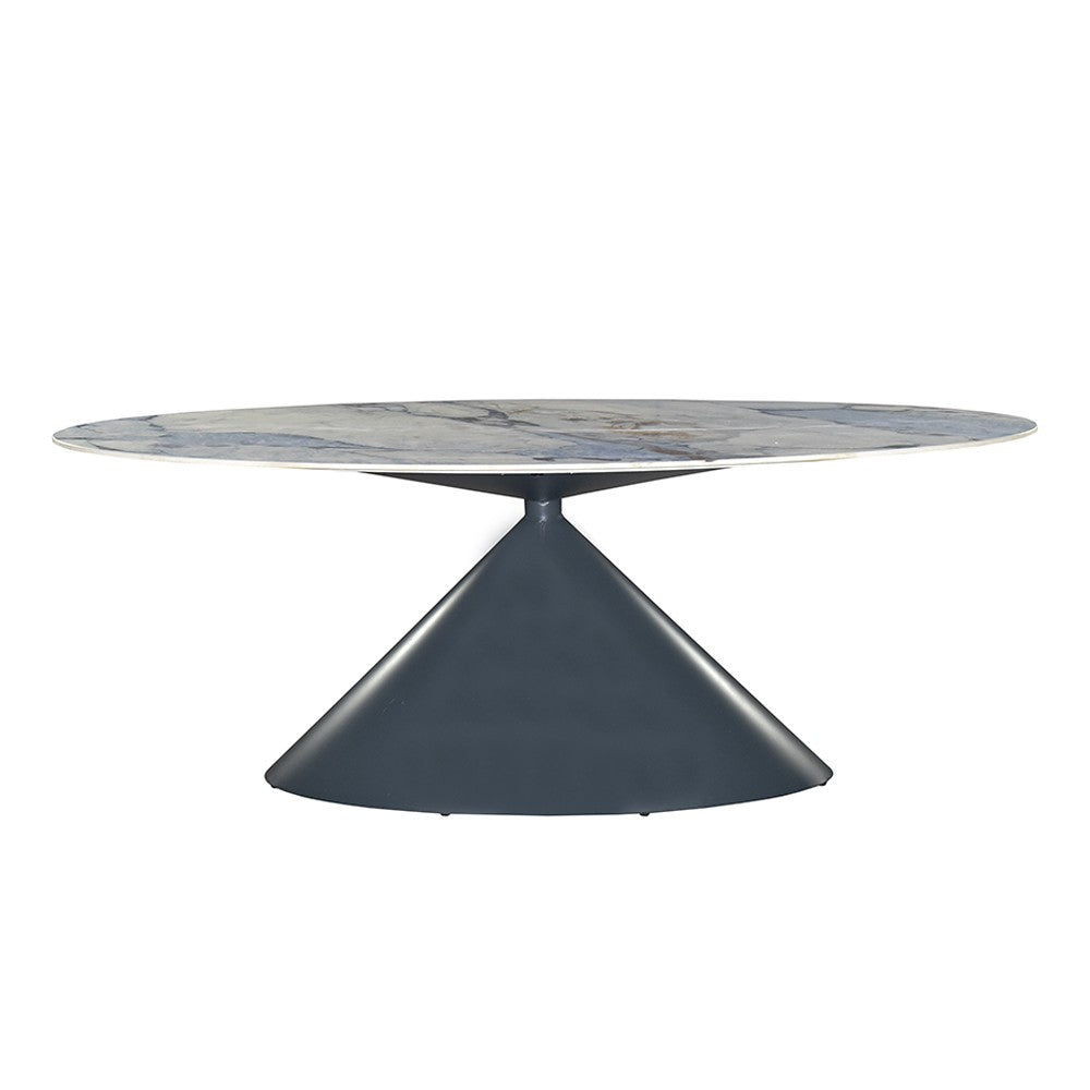 Tavolo ovale fisso Punto con piano effetto marmo con dettagli blu lucido 200x80xH76 cm.