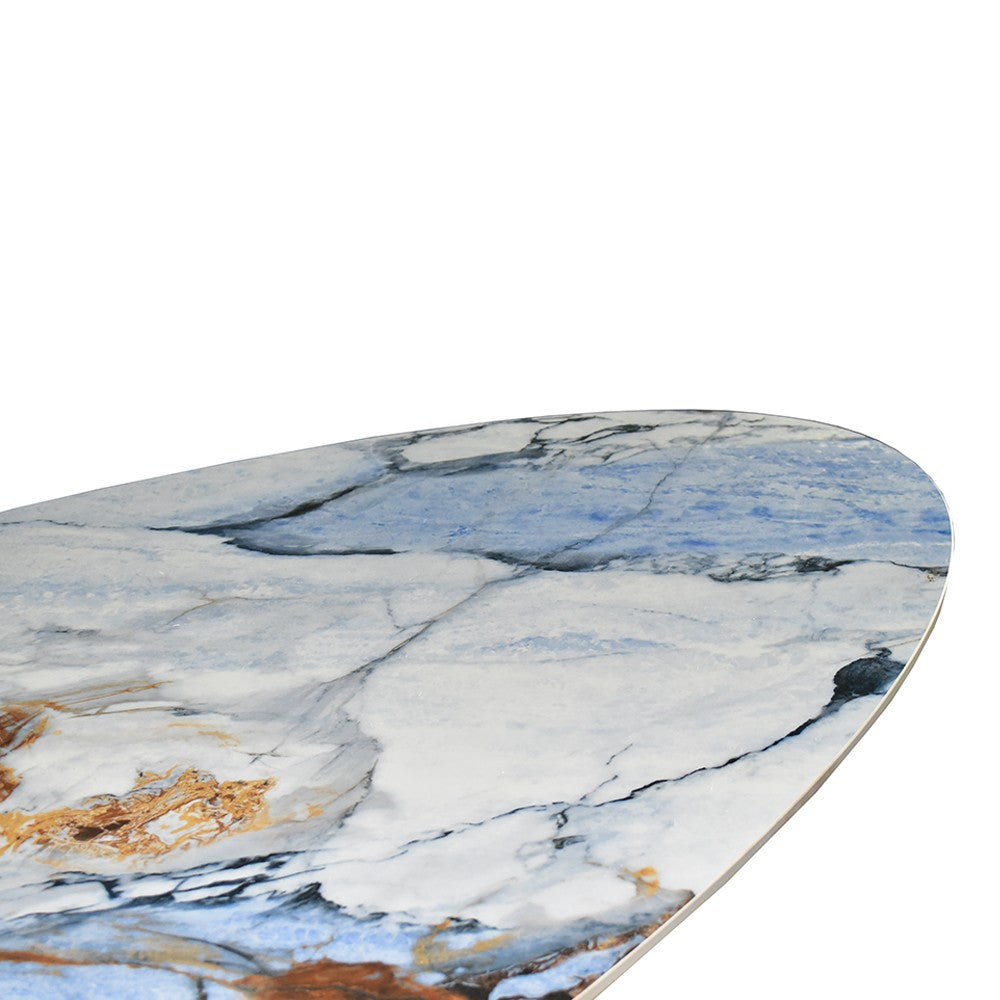 Tavolo ovale fisso Punto con piano effetto marmo con dettagli blu lucido 200x80xH76 cm.