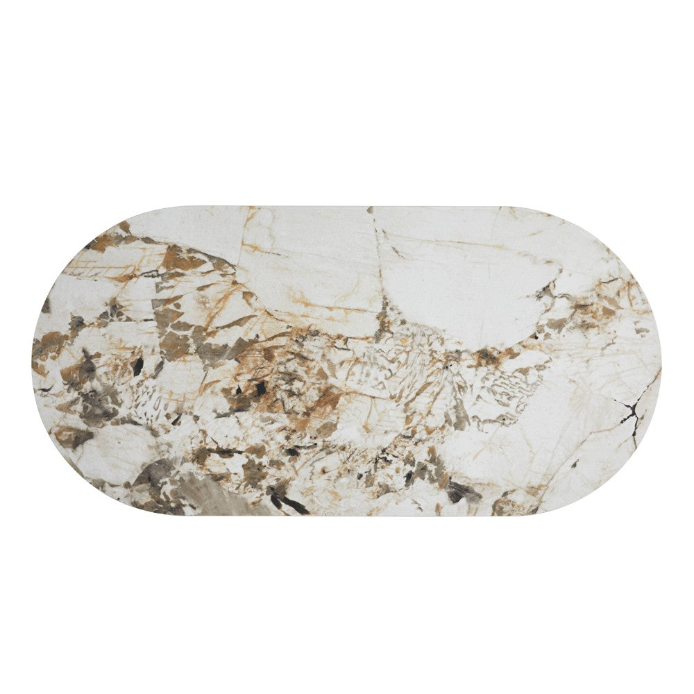 Tavolo ovale Nordico fisso con gamba effetto rovere naturale e top in ceramica effetto marmo bianco arabesque opaco