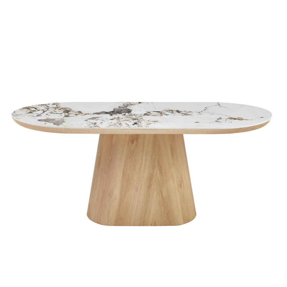 Tavolo ovale Nordico fisso con gamba effetto rovere naturale e top in ceramica effetto marmo bianco arabesque opaco