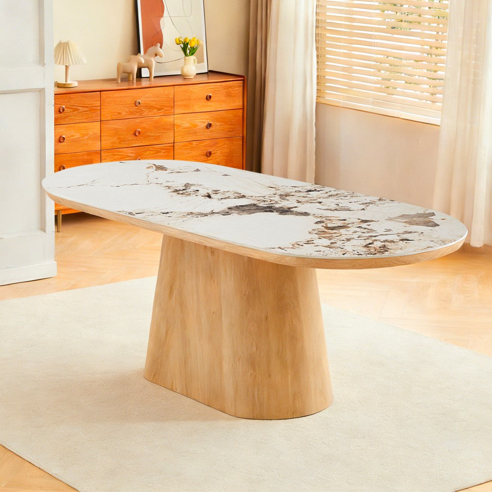 Tavolo ovale Nordico fisso con gamba effetto rovere naturale e top in ceramica effetto marmo bianco arabesque opaco