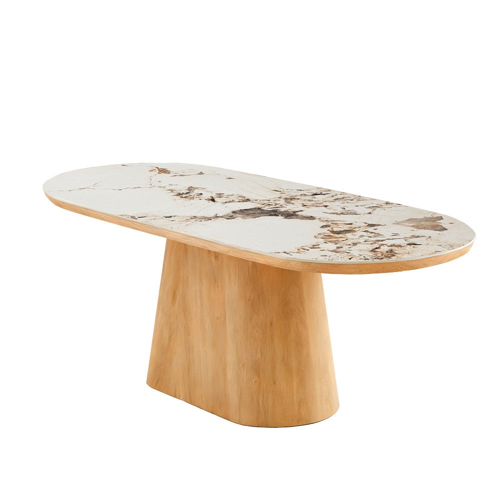 Tavolo ovale Nordico fisso con gamba effetto rovere naturale e top in ceramica effetto marmo bianco arabesque opaco