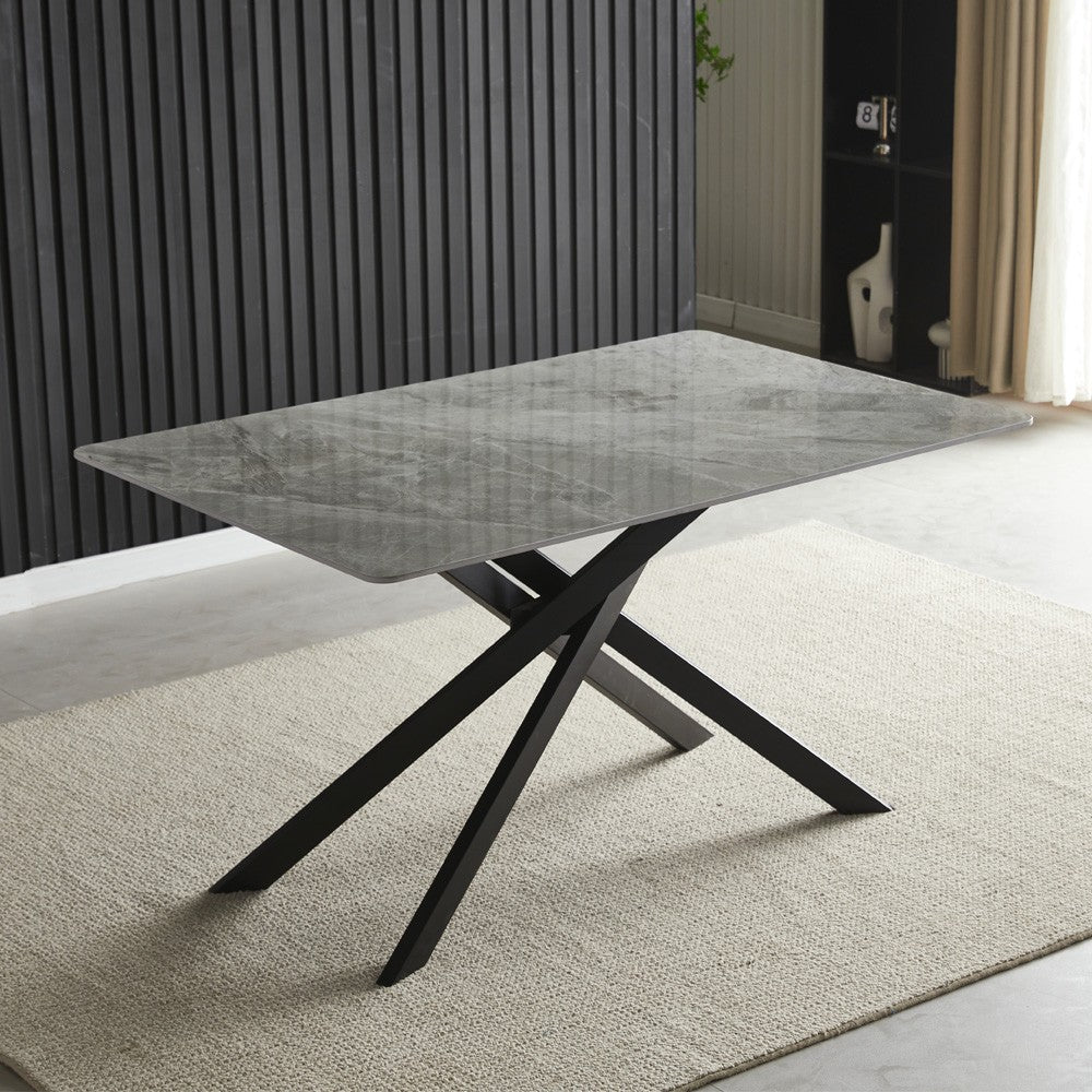 Tavolo Pacific con piano in ceramica effetto marmo grigio lucido e gambe nere