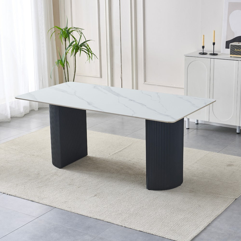 Tavolo rettangolare fisso Megalit con piano in ceramica bianco lucido e struttura in metallo nero