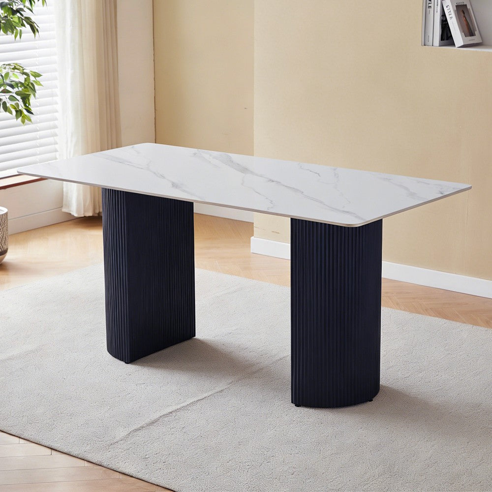 Tavolo rettangolare fisso Megalit con piano in ceramica bianco lucido e struttura in metallo nero