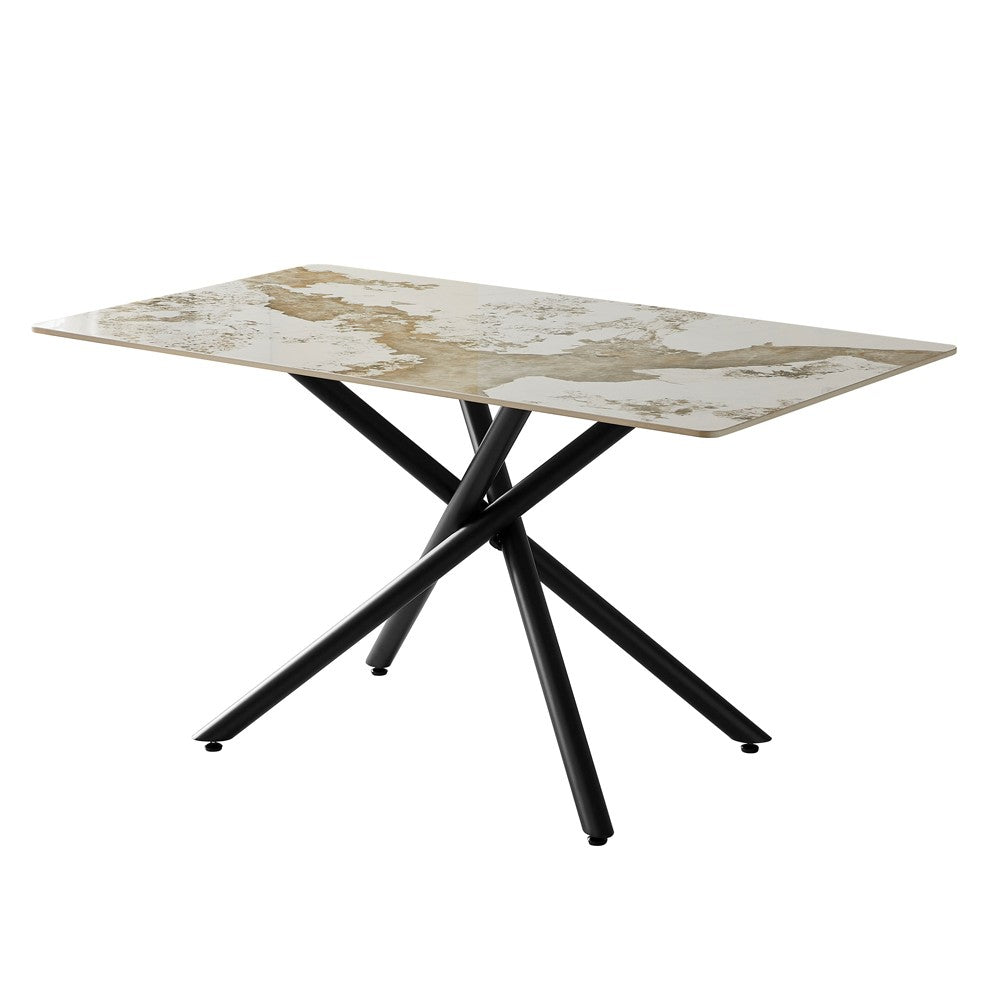 Tavolo rettangolare Linus2538 con piano in ceramica effetto marmo bianco Pandora brown lucido e struttura in metallo nero
