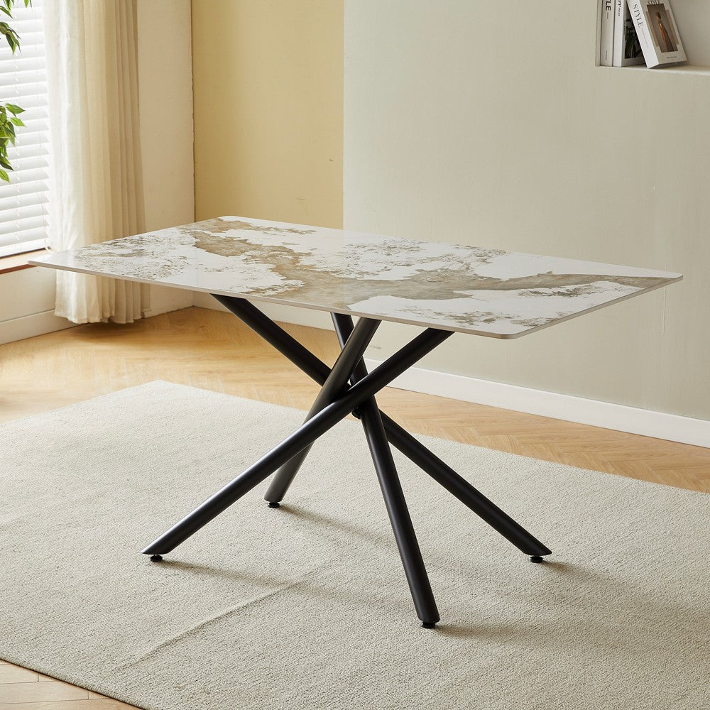 Tavolo rettangolare Linus2538 con piano in ceramica effetto marmo bianco Pandora brown lucido e struttura in metallo nero