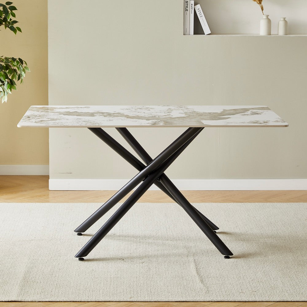 Tavolo rettangolare Linus2538 con piano in ceramica effetto marmo bianco Pandora brown lucido e struttura in metallo nero