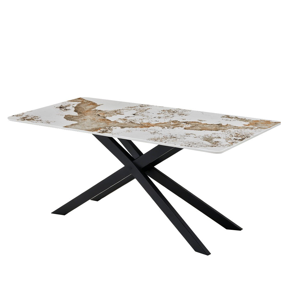Tavolo rettangolare Star con piano in ceramica effetto marmo bianco pandora brown lucido e struttura in metallo nero