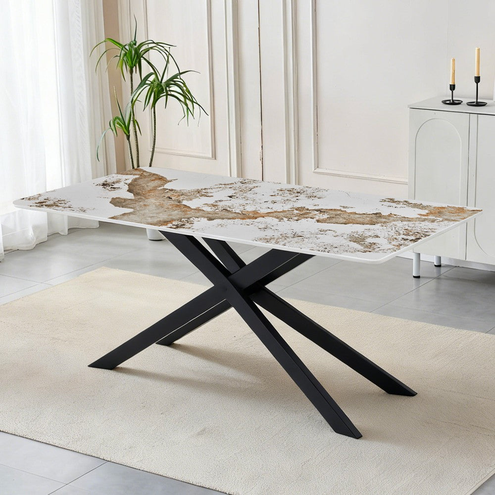 Tavolo rettangolare Star con piano in ceramica effetto marmo bianco pandora brown lucido e struttura in metallo nero