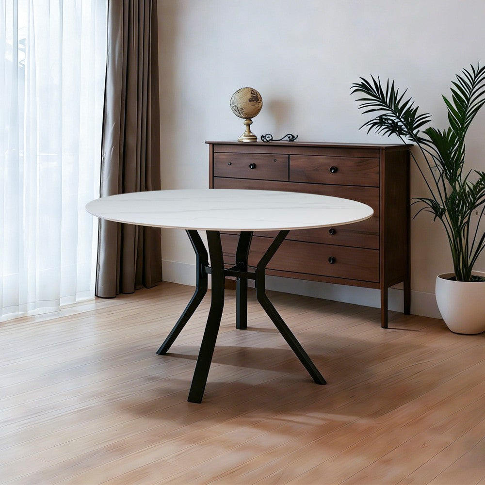 Tavolo rotondo fisso Aurora con piano in ceramica bianco lucido e struttura in metallo nero