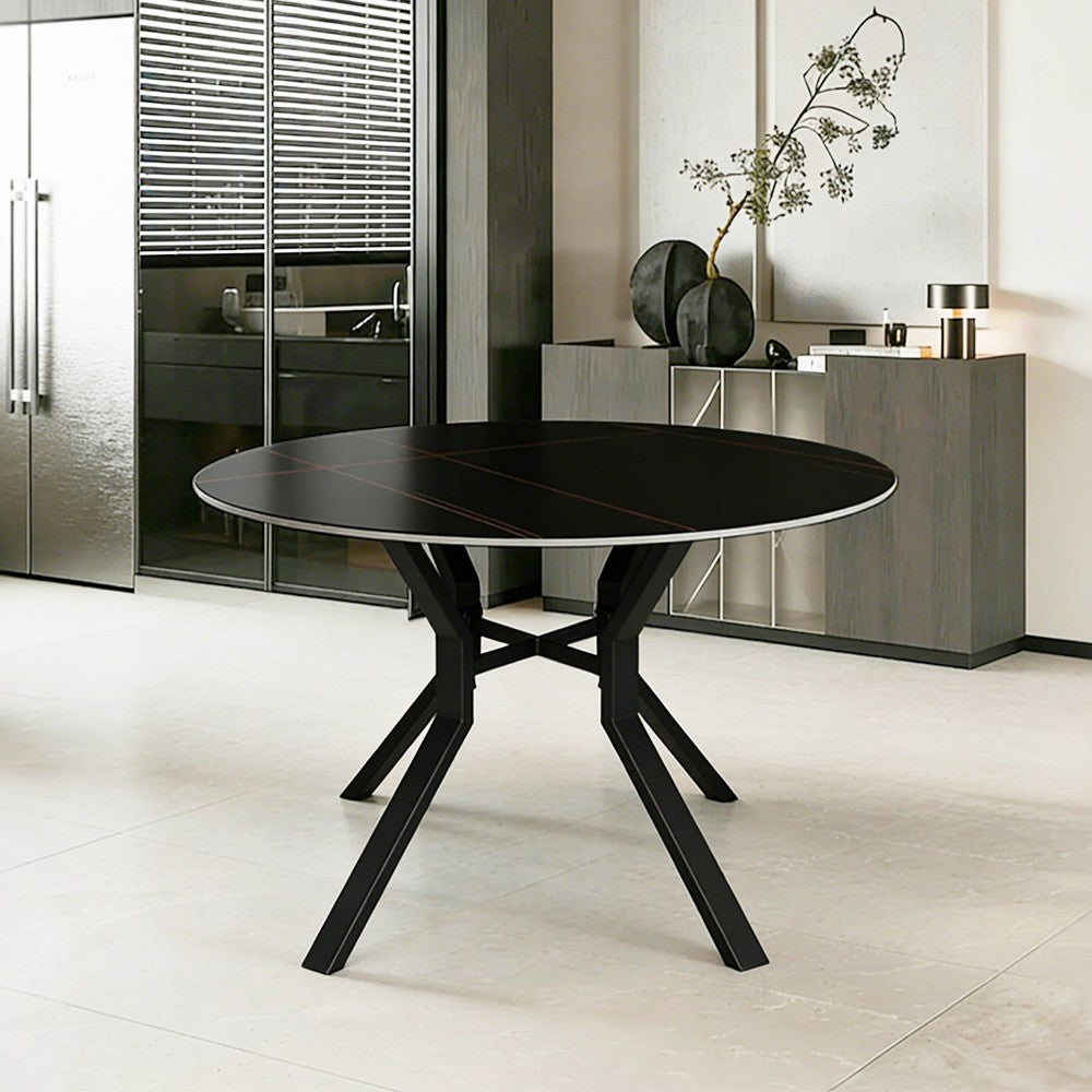 Tavolo rotondo fisso Aurora con piano in ceramica nero opaco con venature oro e struttura in metallo nero