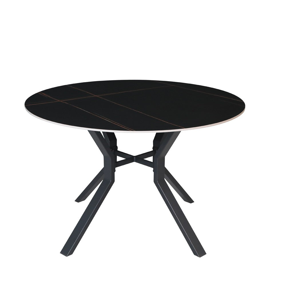Tavolo rotondo fisso Aurora con piano in ceramica nero opaco con venature oro e struttura in metallo nero