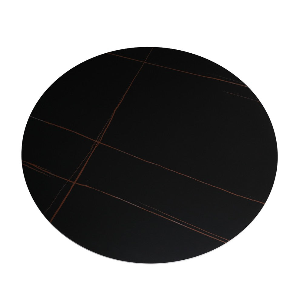 Tavolo rotondo fisso Aurora con piano in ceramica nero opaco con venature oro e struttura in metallo nero