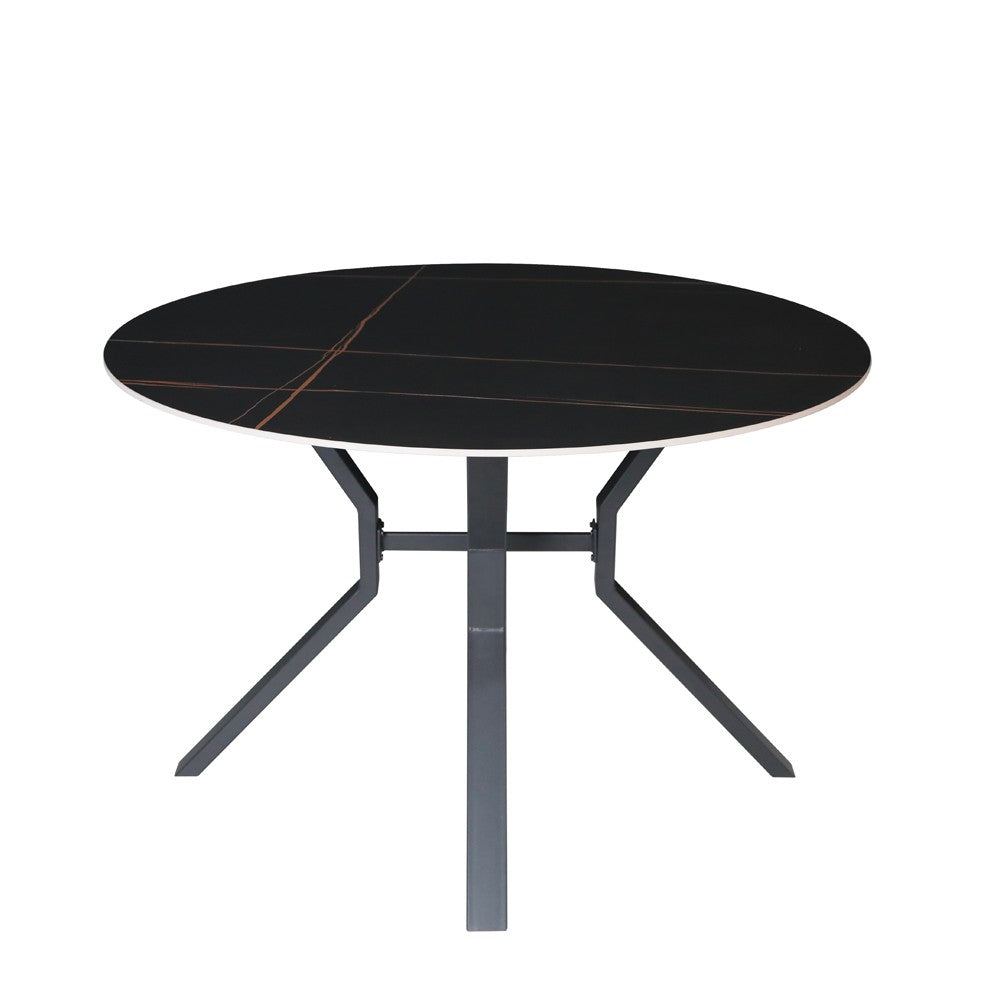 Tavolo rotondo fisso Aurora con piano in ceramica nero opaco con venature oro e struttura in metallo nero