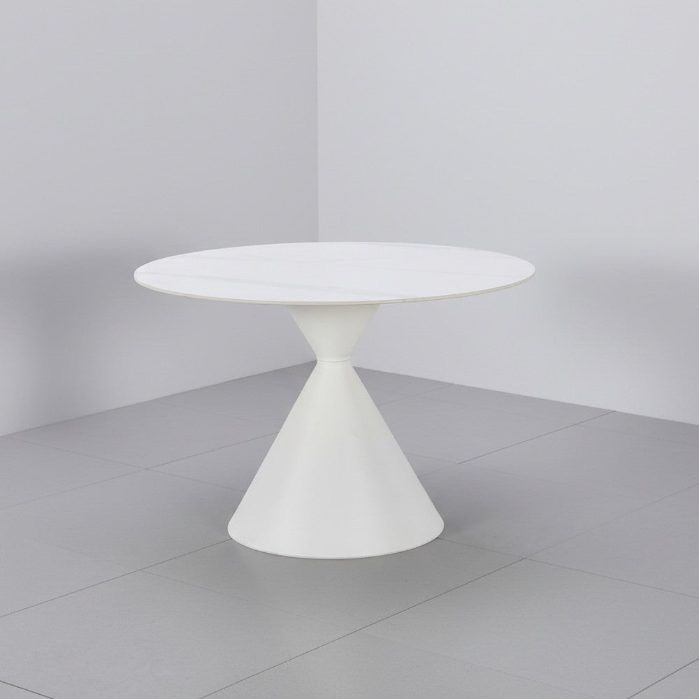Tavolo tondo fisso Taini con piano in ceramica effetto marmo bianco opaco e gambe in metallo bianco