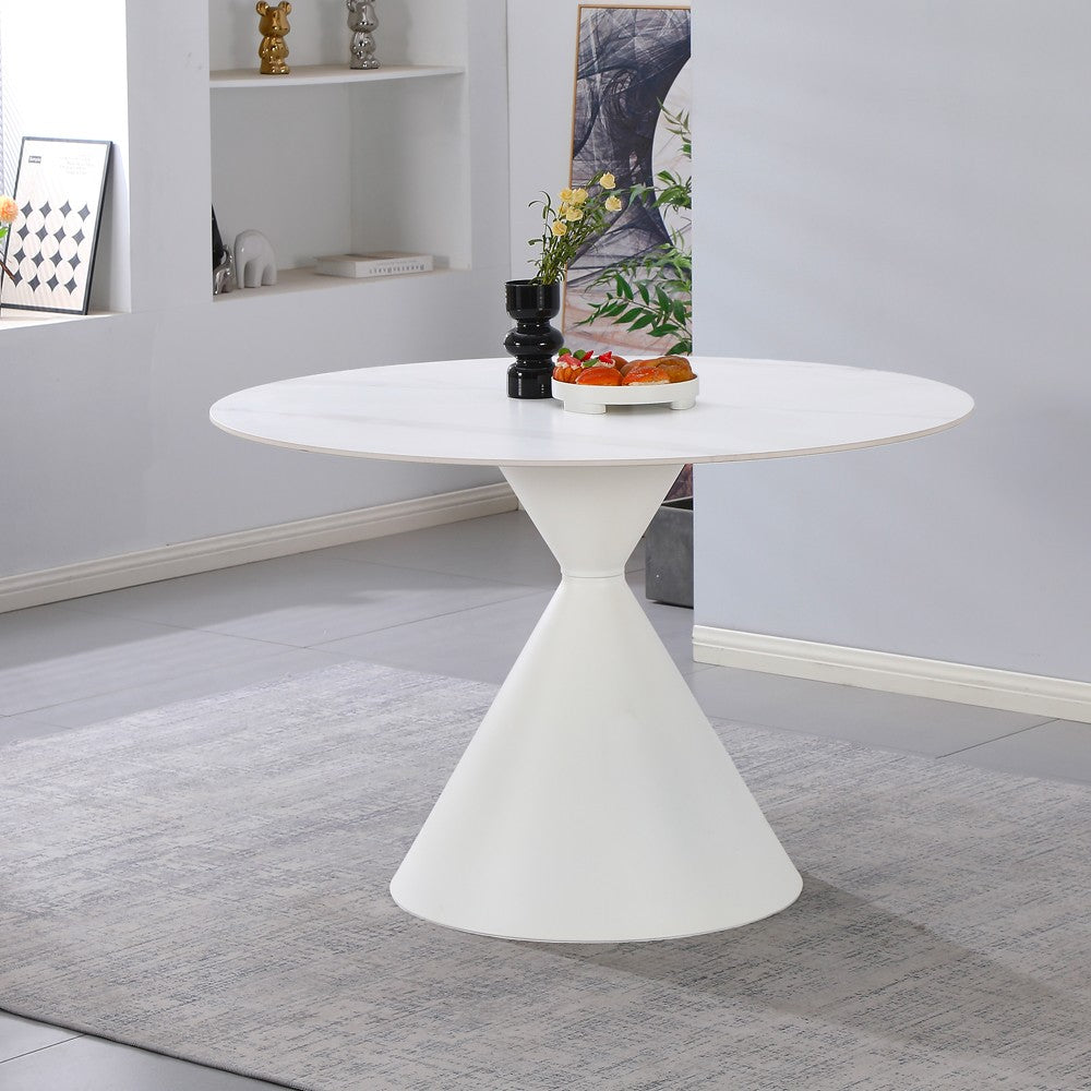 Tavolo tondo fisso Taini con piano in ceramica effetto marmo bianco opaco e gambe in metallo bianco