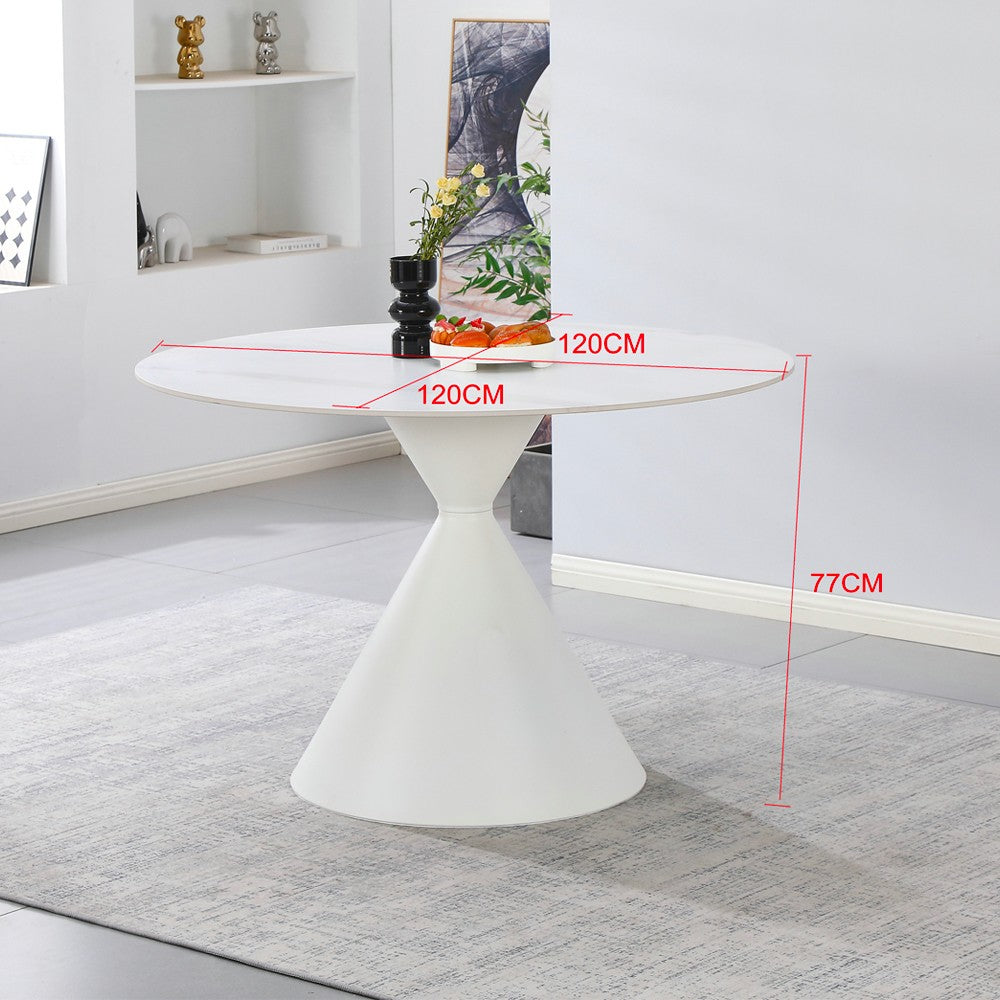 Tavolo tondo fisso Taini con piano in ceramica effetto marmo bianco opaco e gambe in metallo bianco