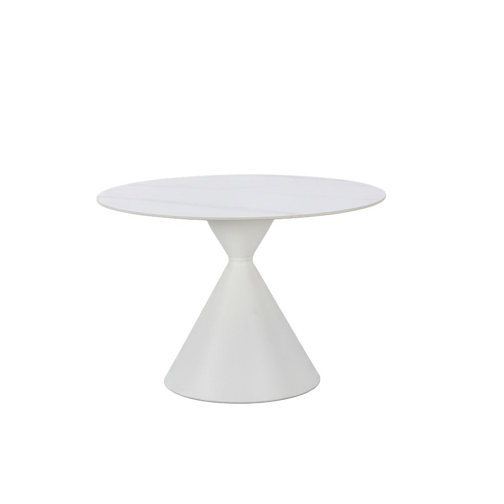 Tavolo tondo fisso Taini con piano in ceramica effetto marmo bianco opaco e gambe in metallo bianco
