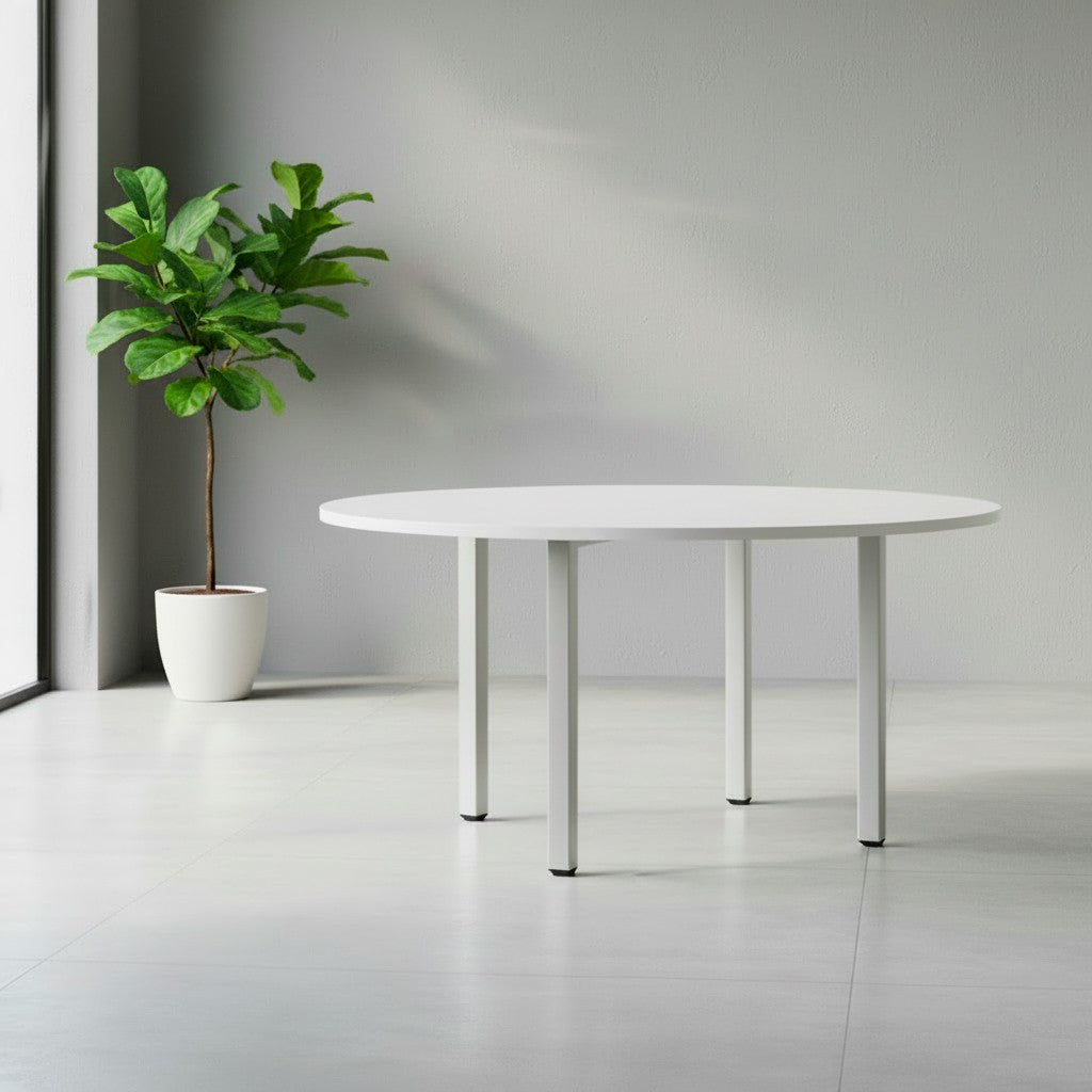 Tavolo tondo Leccino diametro 120 con piano bianco e gambe alluminio