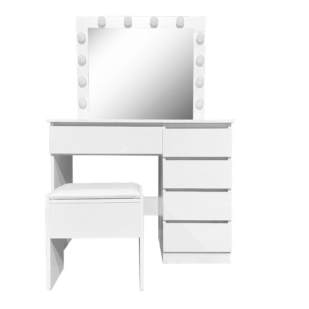 Toeletta Aurora 5 cassetti con sgabello e specchio con led colore bianco lucido