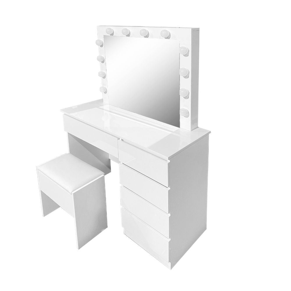 Toeletta Aurora 5 cassetti con sgabello e specchio con led colore bianco lucido