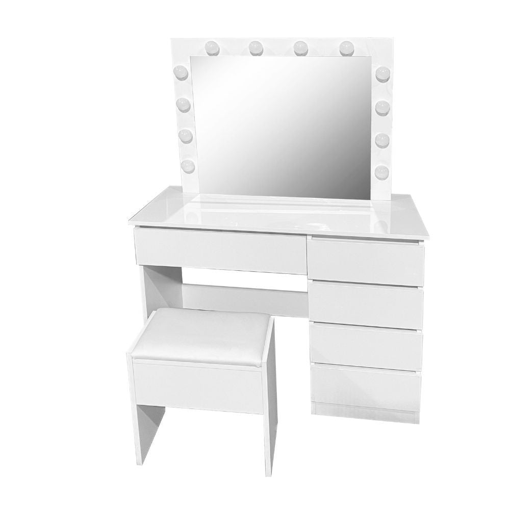 Toeletta Aurora 5 cassetti con sgabello e specchio con led colore bianco lucido