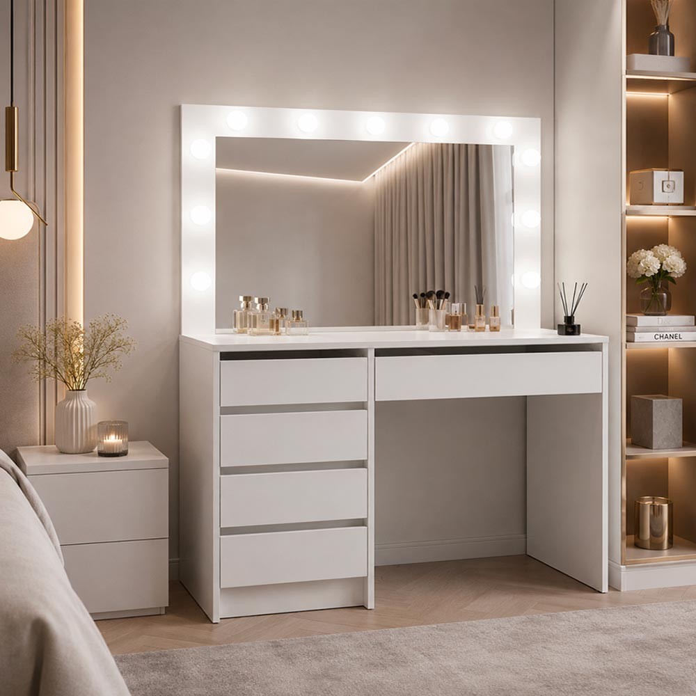 Toeletta Elite 5 cassetti con specchio con lampadine LED colore bianco opaco