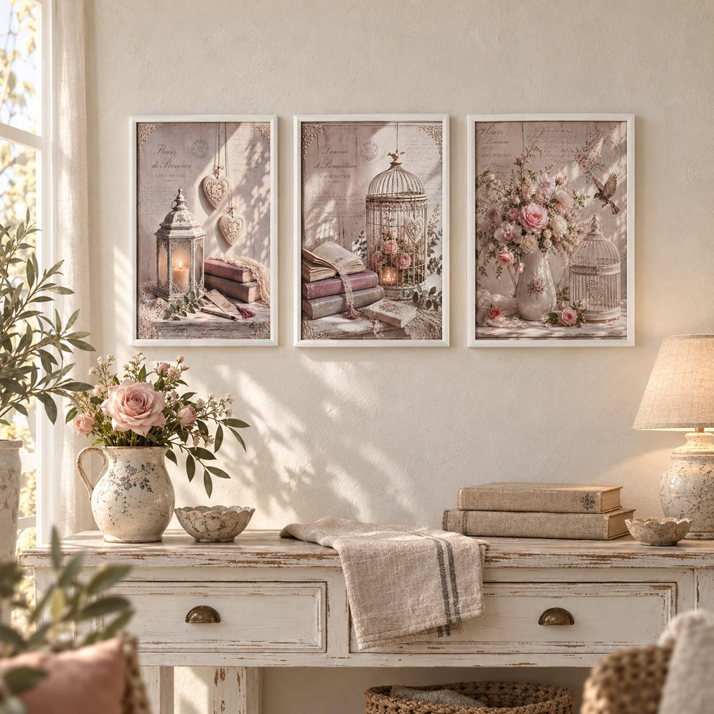 quadri shabby, vintage , retrò, set da 3