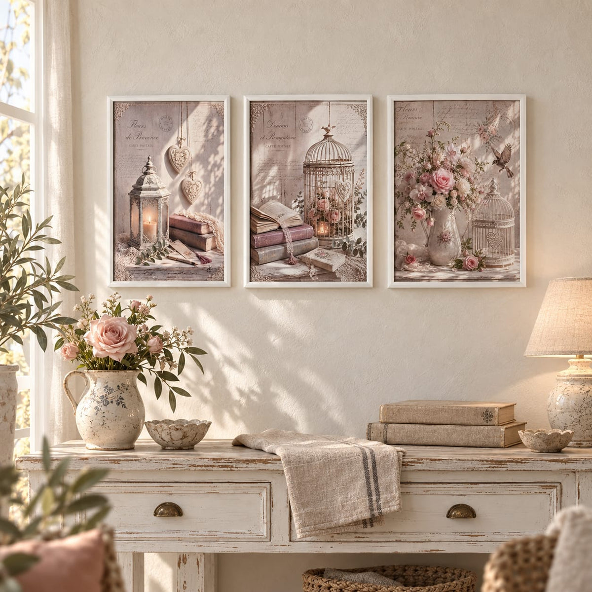 quadri shabby, vintage , retrò, set da 3