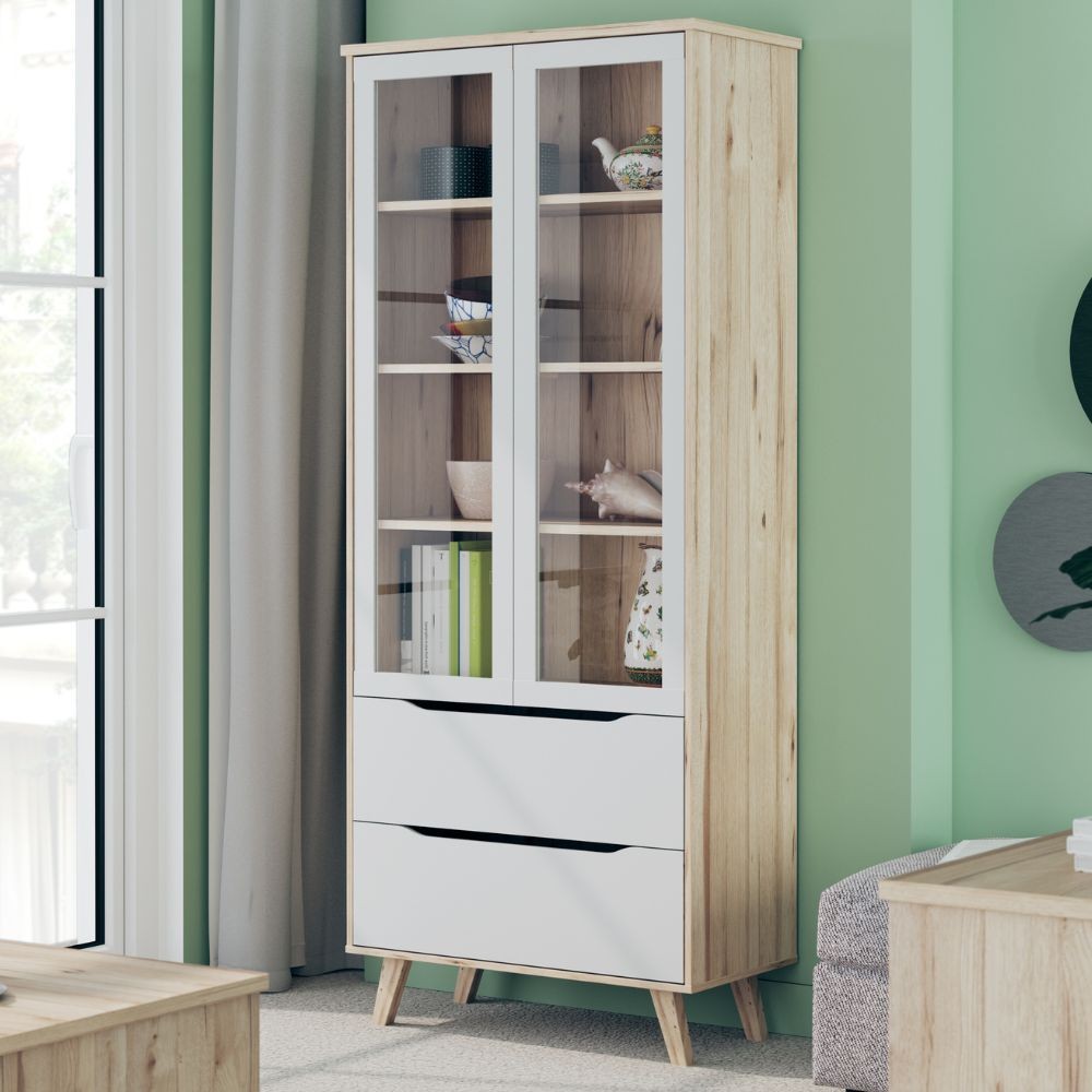 Vetrina Axis con 2 ante in vetro e 2 cassetti con struttura rovere e frontali bianchi