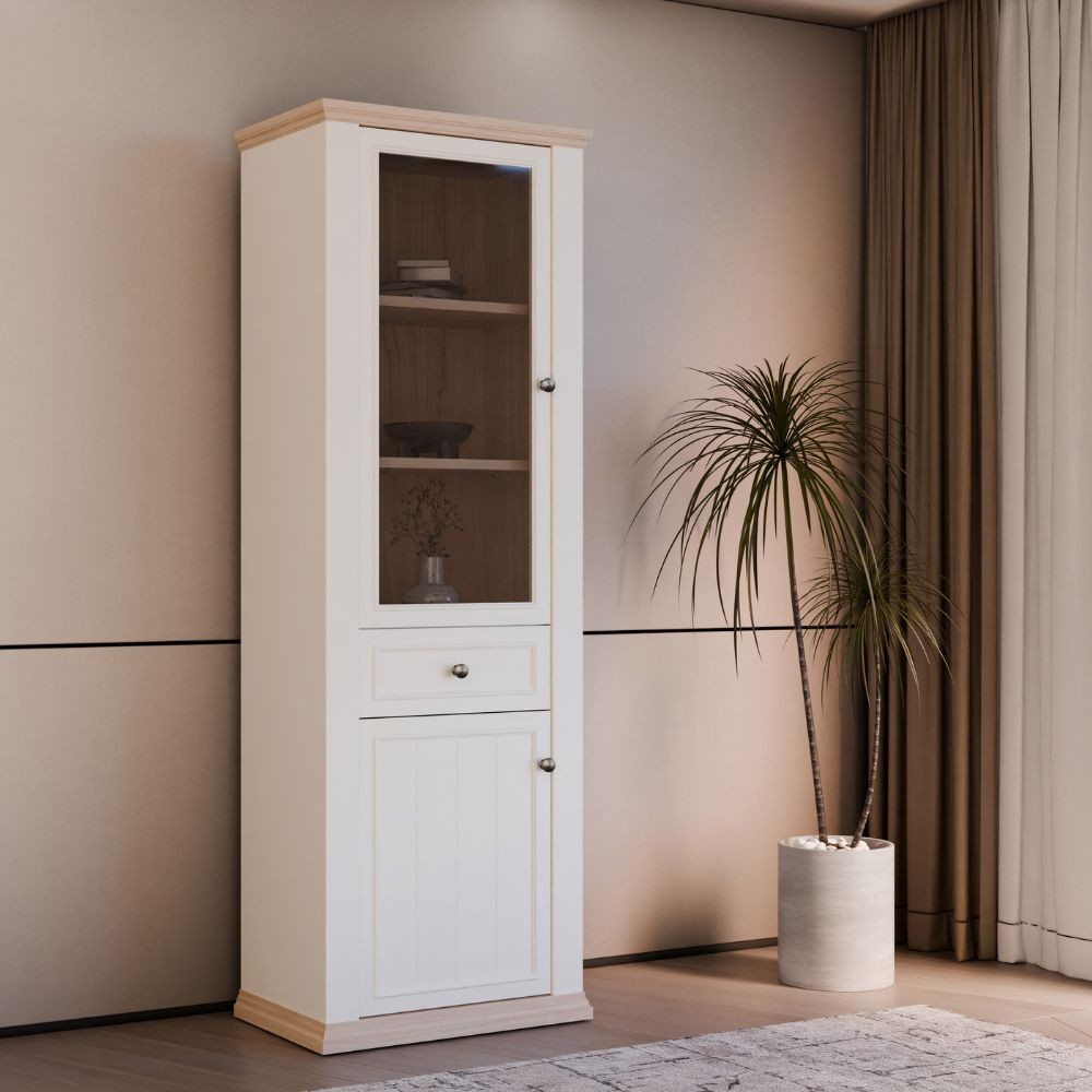 Vetrina Essenza con 1 anta a vetro 1 cassetto e 1 anta in stile classico colore bianco e rovere