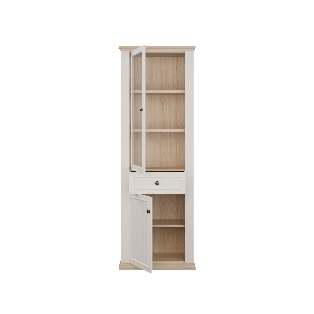 Vetrina Essenza con 1 anta a vetro 1 cassetto e 1 anta in stile classico colore bianco e rovere