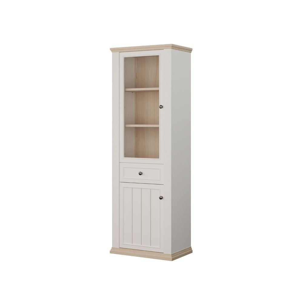Vetrina Essenza con 1 anta a vetro 1 cassetto e 1 anta in stile classico colore bianco e rovere