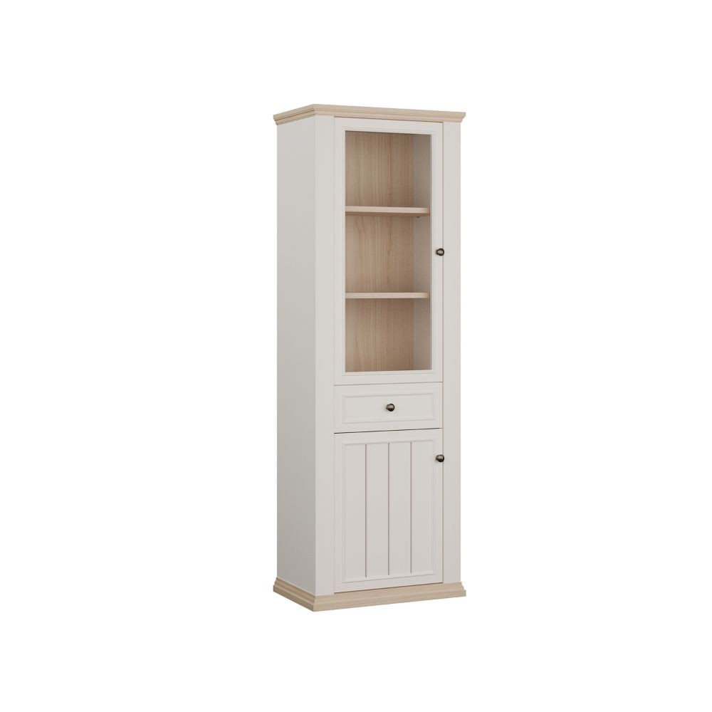 Vetrina Essenza con 1 anta a vetro 1 cassetto e 1 anta in stile classico colore bianco e rovere