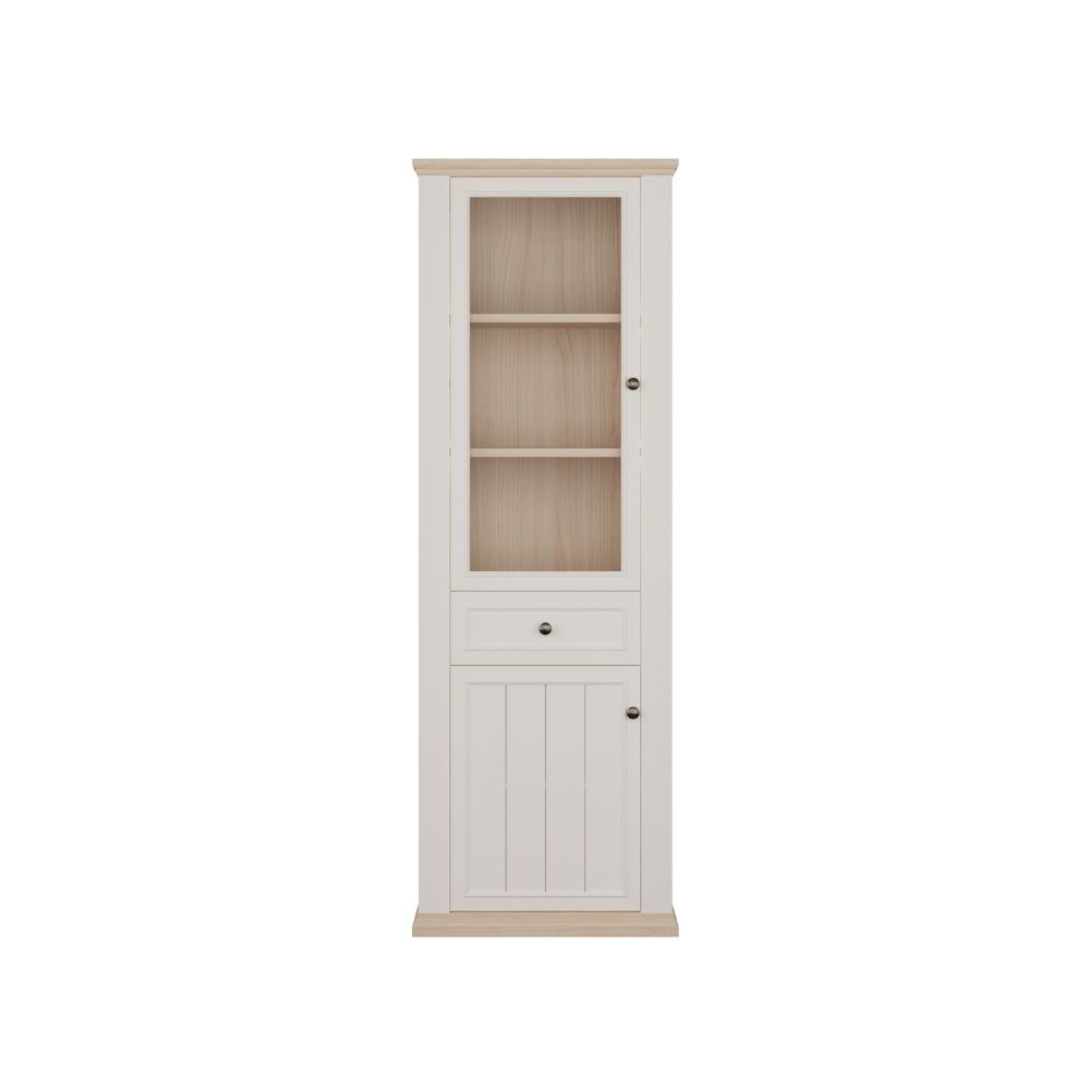Vetrina Essenza con 1 anta a vetro 1 cassetto e 1 anta in stile classico colore bianco e rovere