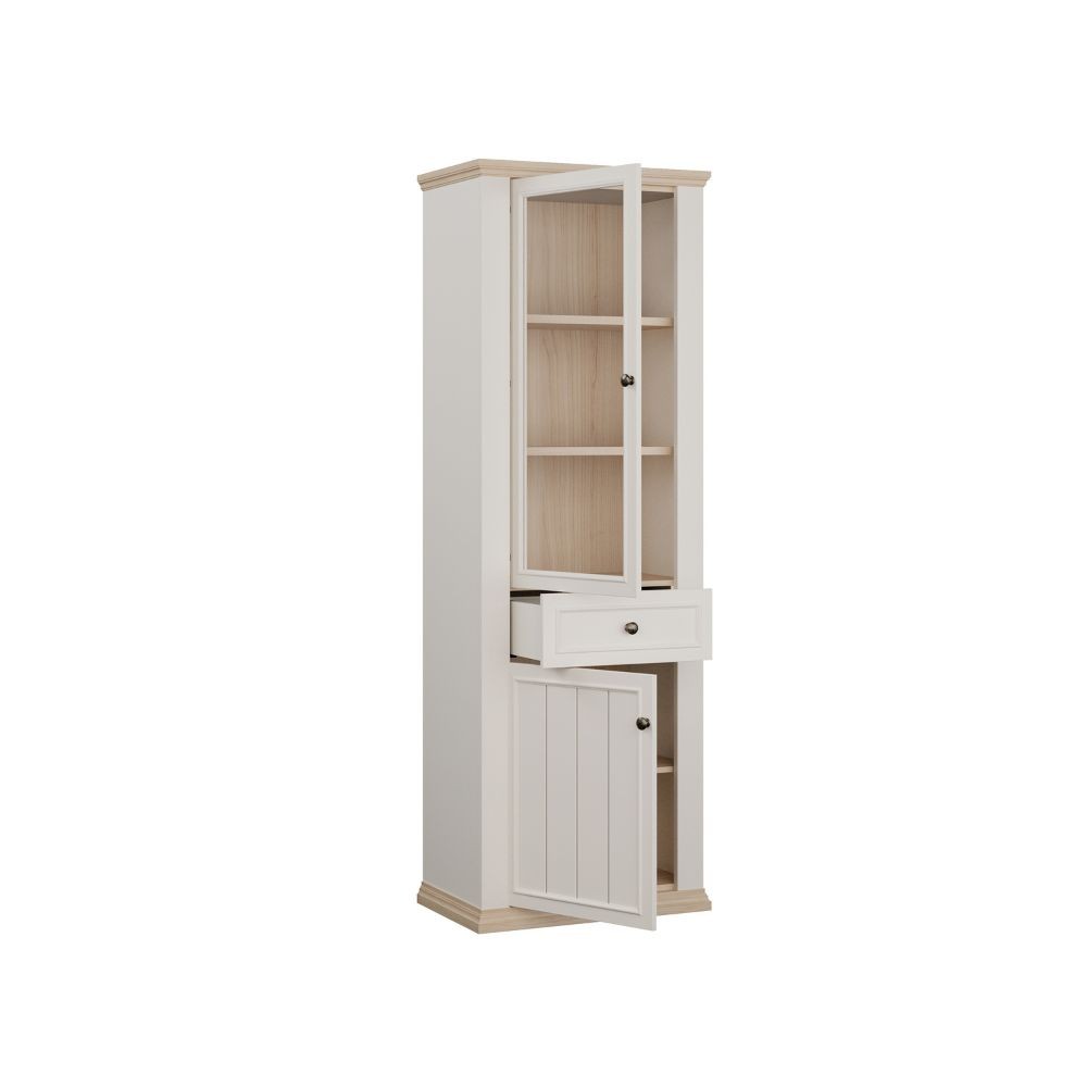 Vetrina Essenza con 1 anta a vetro 1 cassetto e 1 anta in stile classico colore bianco e rovere