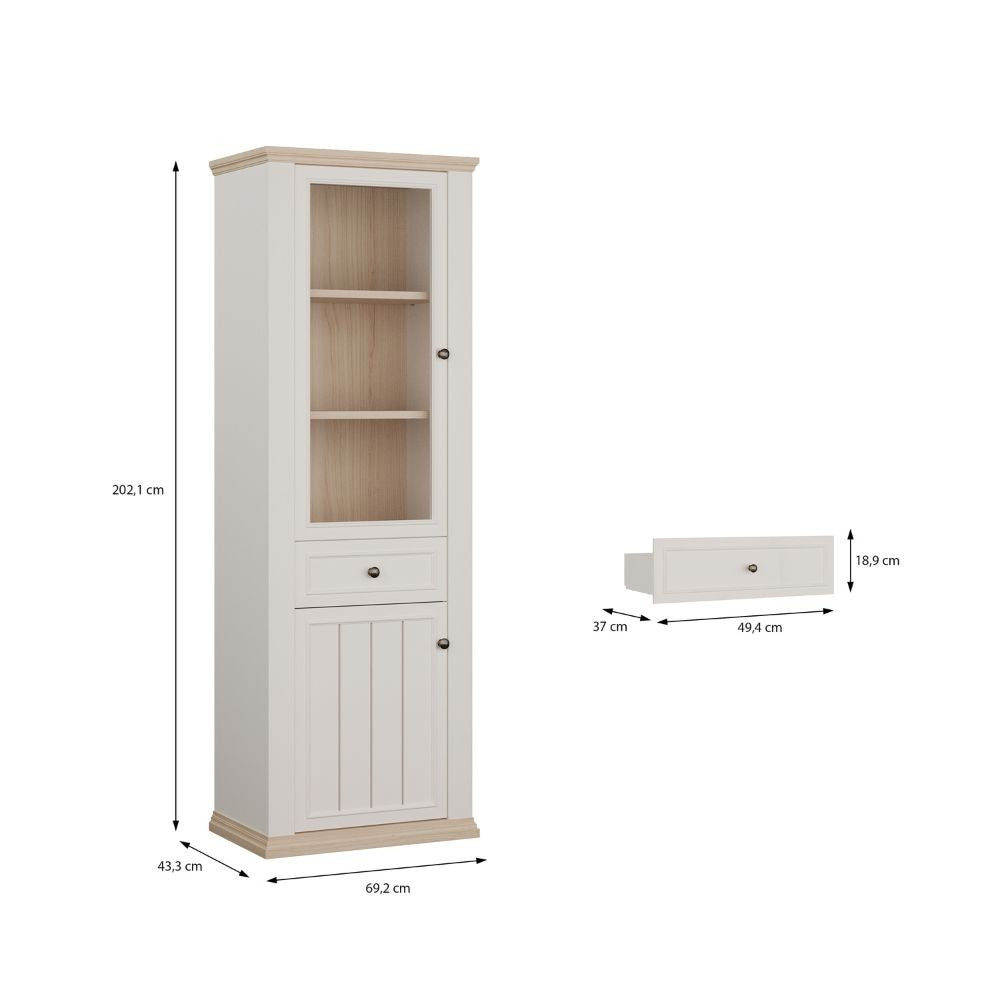 Vetrina Essenza con 1 anta a vetro 1 cassetto e 1 anta in stile classico colore bianco e rovere