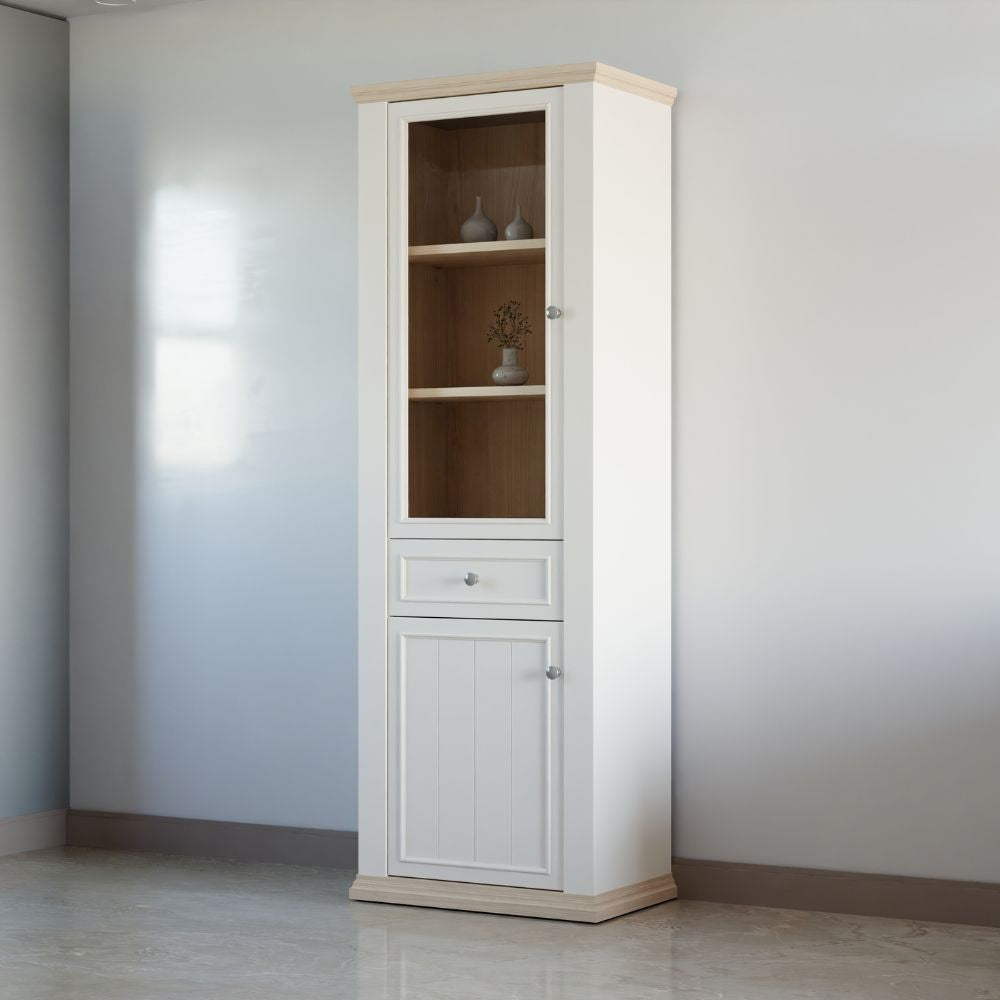 Vetrina Essenza con 1 anta a vetro 1 cassetto e 1 anta in stile classico colore bianco e rovere